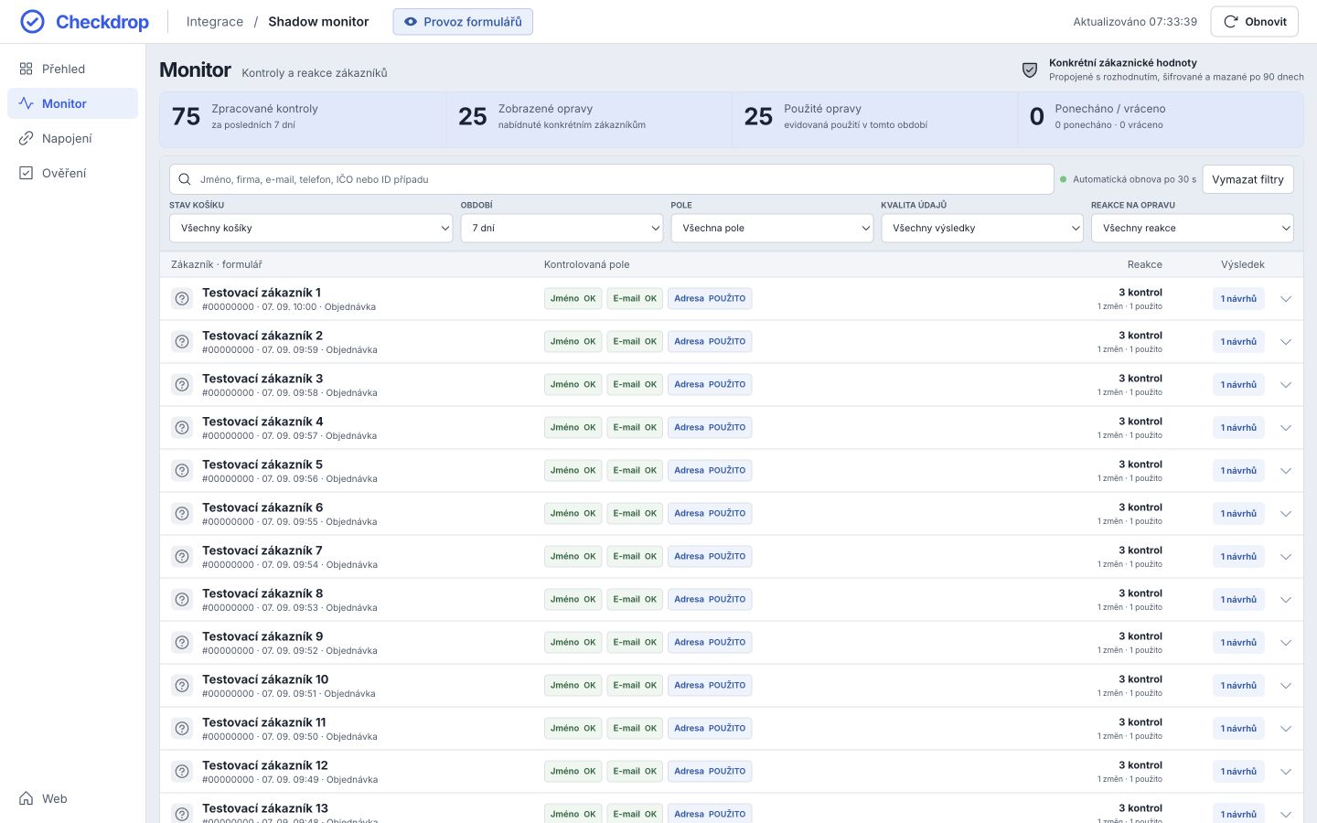 Checkdrop monitor: list of customers with checked fields, reactions and results